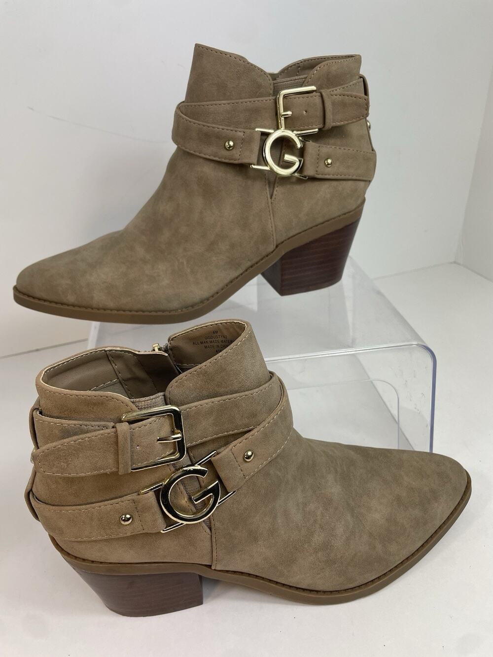 GBG Guess Beige Booties Gold Logo Harness Straps Women's Size 8M Western Moto